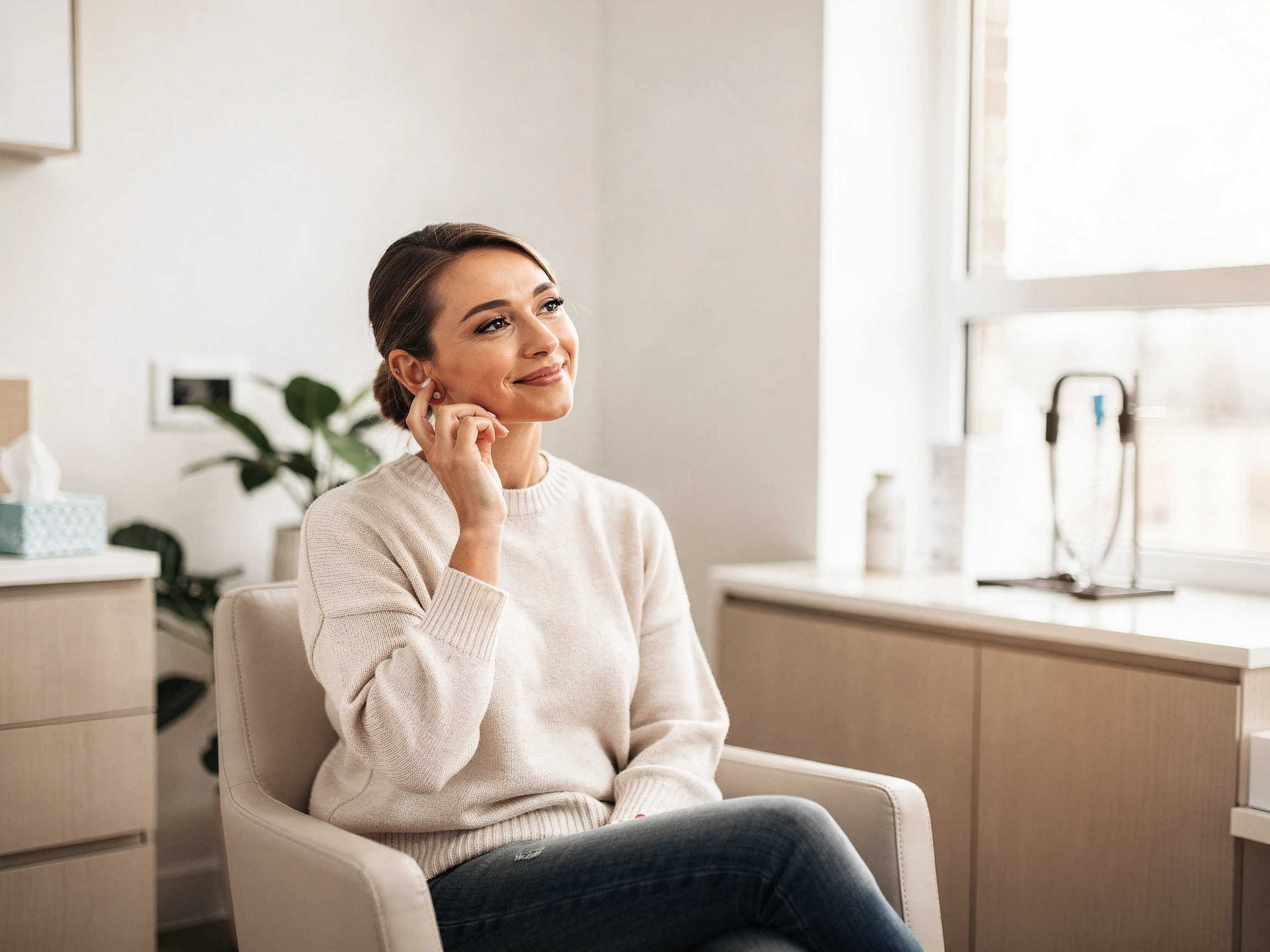 Woman sitting in a modern medical office waiting room with light wood cabinetry and plants